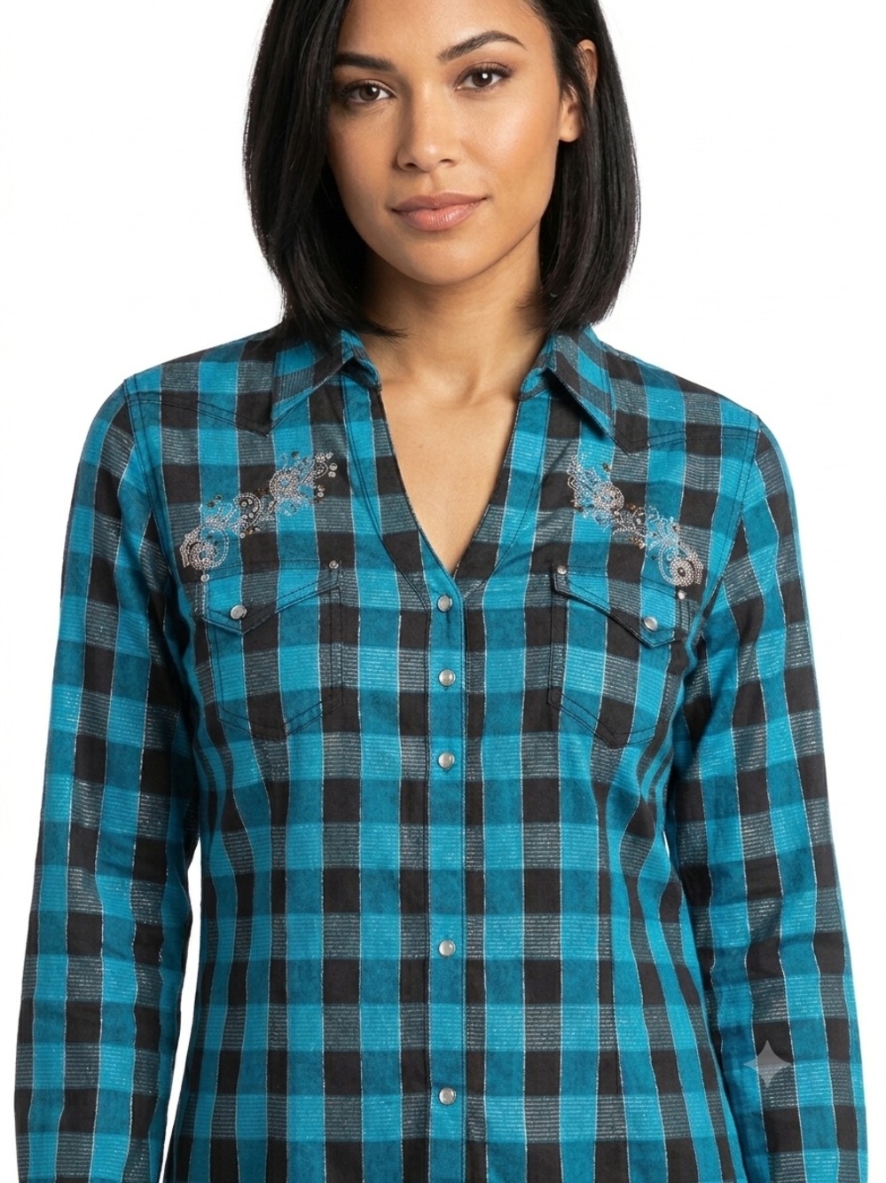 Rock 47 Women's Blue and Black Plaid Embroidered Snap-Down Shirt